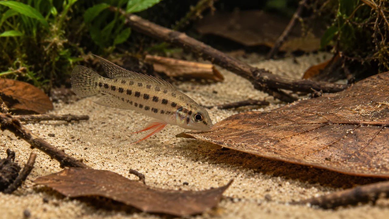 A slender female checkerboard cichlid with a rounded tail and reddish pelvic fins beside an exposed leaf surface.