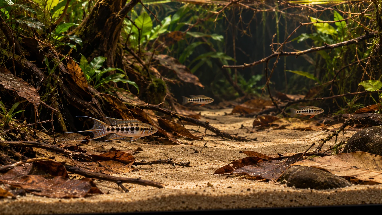 Checkerboard Cichlid in a structured aquarium with open sand, separated cover and maintenance access.