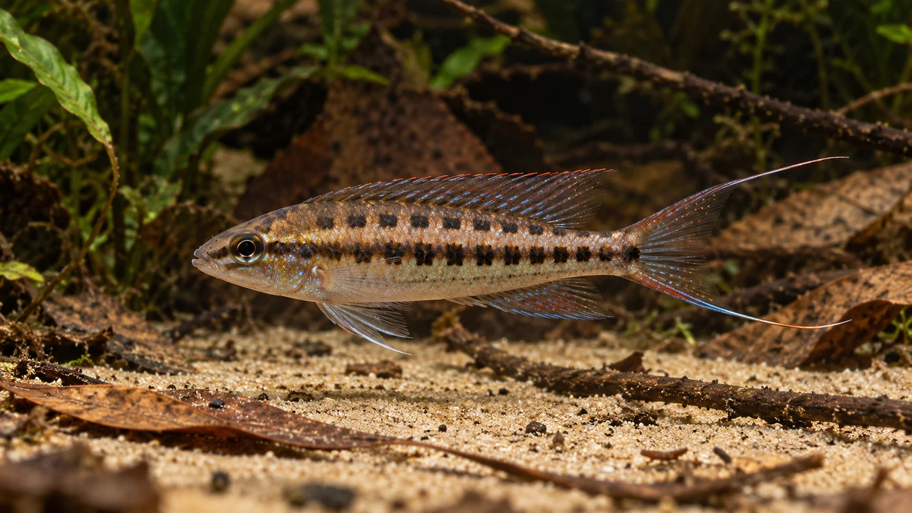 Checkerboard Cichlid showing its identifying shape and markings in a suitable aquarium setting.