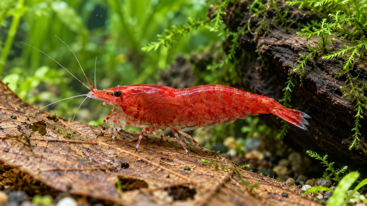 Red cherry shrimp grazing on a textured leaf beside moss and submerged wood.