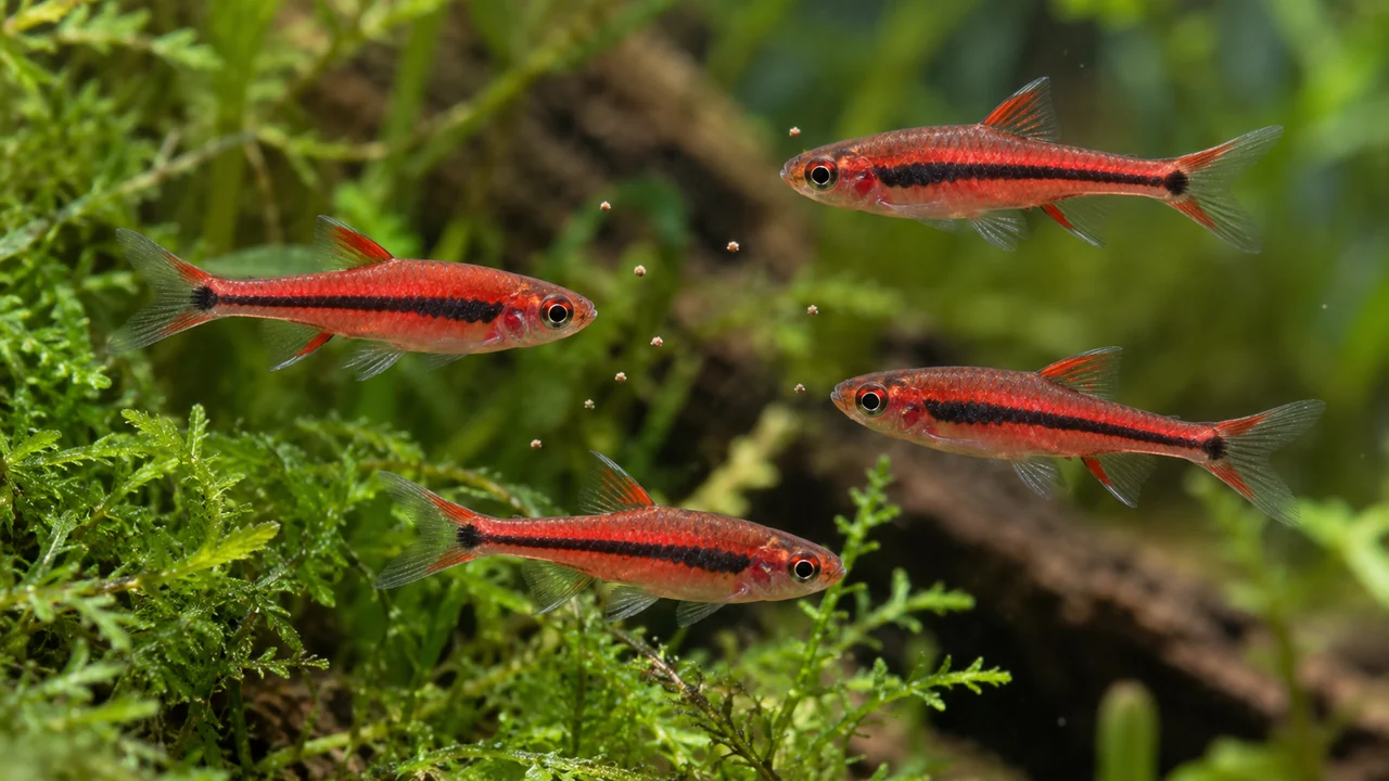 Small red Chilli Rasboras intercepting fine food beside aquarium plants, with their dark elongated flank stripes visible.