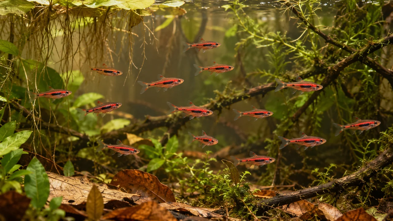 A Chilli Rasbora group in lightly tinted water between fine plants, floating roots and small branches.