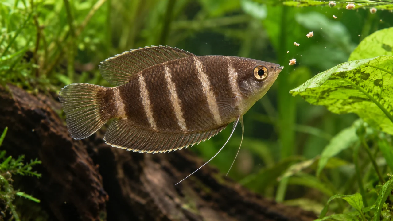 A Chocolate Gourami with cream vertical bars approaching a feeding edge among aquatic leaves.