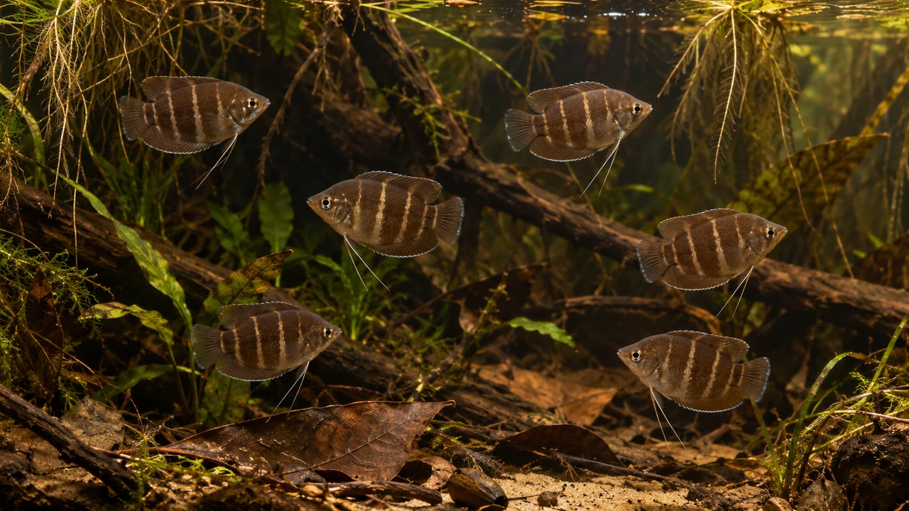 Chocolate Gouramis separated among fine roots, leaves and shaded planting in transparent amber water.