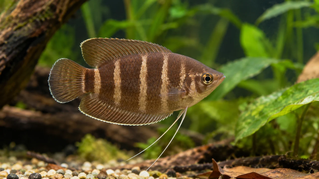 Chocolate Gourami showing its identifying shape and markings in a suitable aquarium setting.