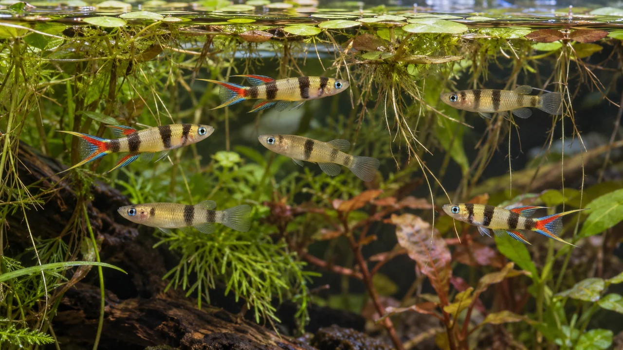 Clown Killifish in calm upper water between floating roots and small open feeding lanes.