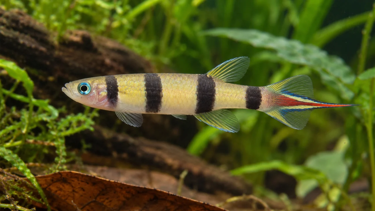 Clown Killifish showing its identifying shape and markings in a suitable aquarium setting.