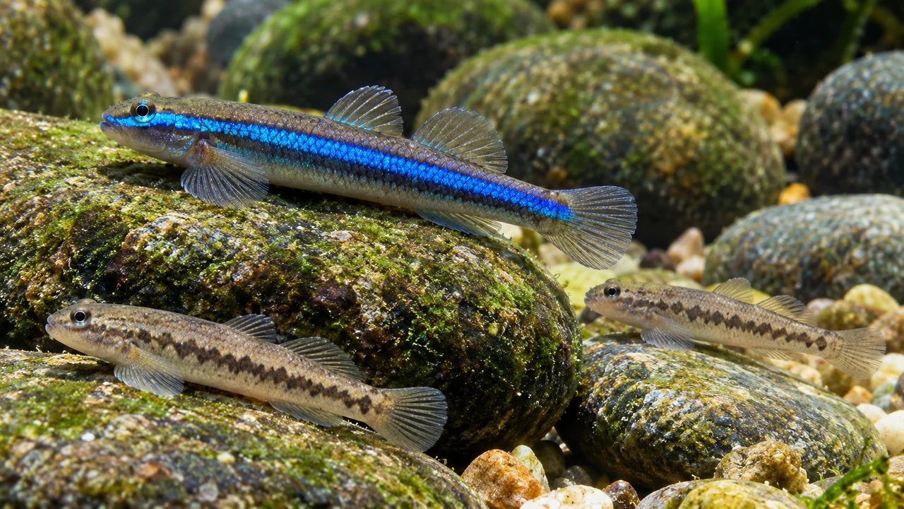 Cobalt Blue Gobies at separate mature rounded grazing stones in a clear stream-style aquarium.