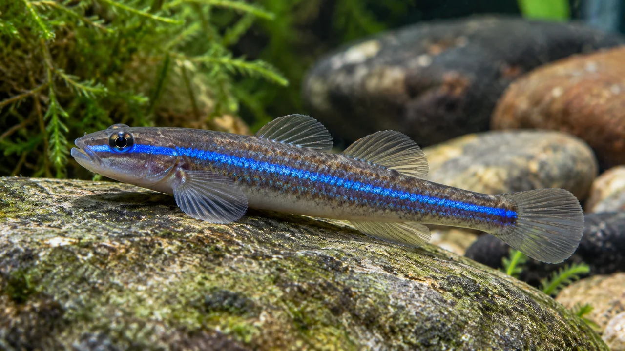 Cobalt Blue Goby showing its identifying shape and markings in a suitable aquarium setting.