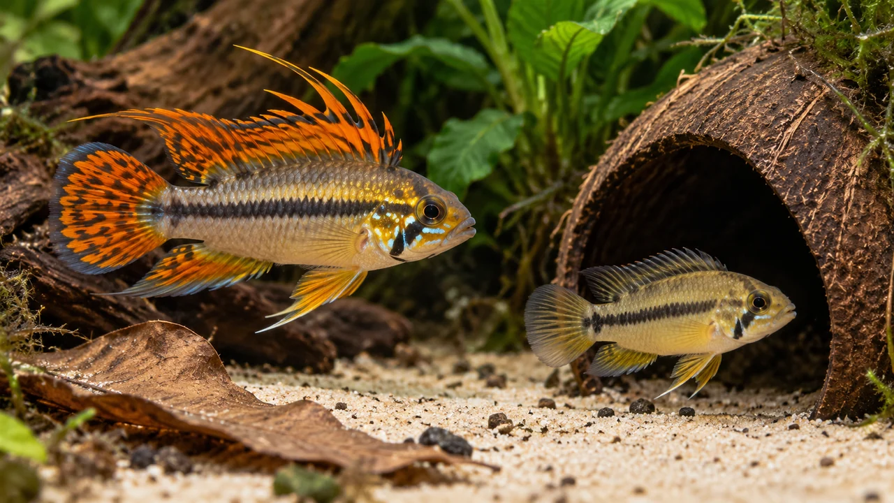 A smaller female cockatoo dwarf cichlid in yellow brood coloration beside a shaded cavity.