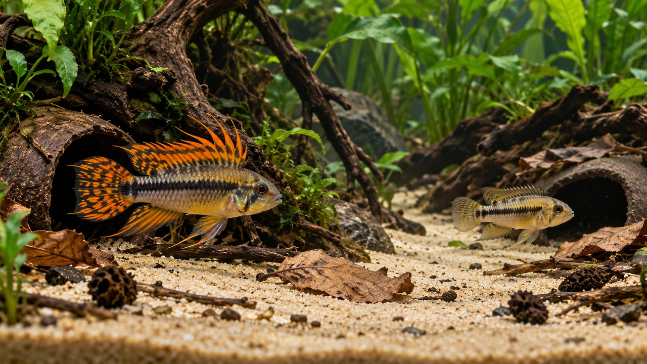 Cockatoo Dwarf Cichlid in a structured aquarium with suitable cover, open water and maintenance access.