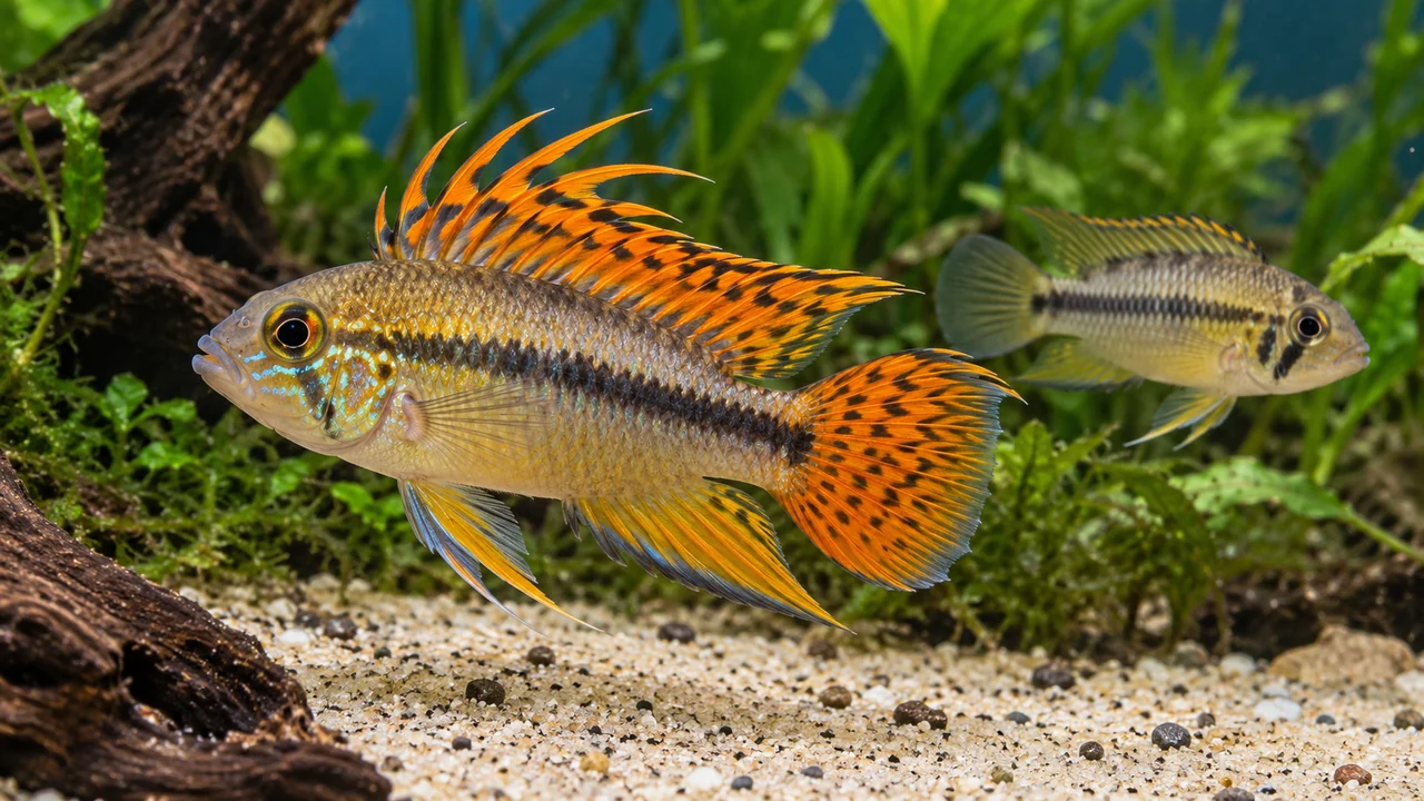 Cockatoo Dwarf Cichlid showing its identifying shape and markings in a suitable aquarium setting.
