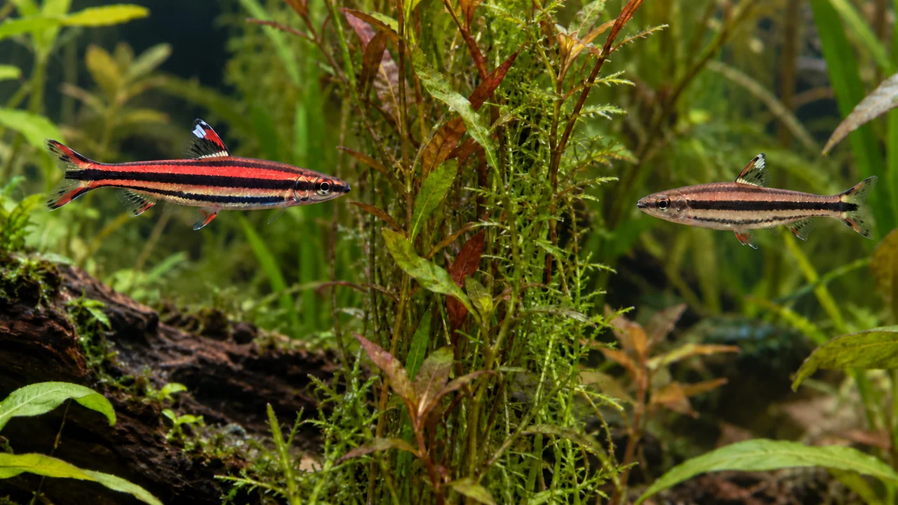Coral red pencilfish separated by planting and an open retreat route.