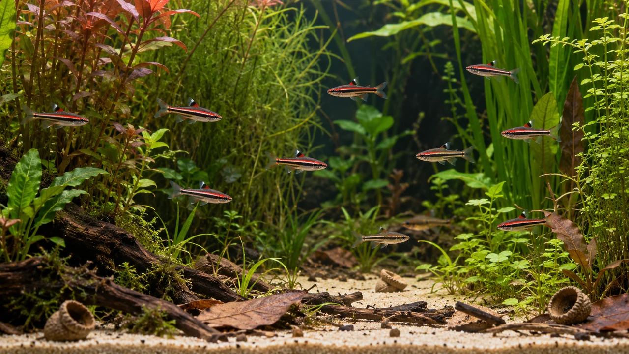 Coral Red Pencilfish in a structured aquarium with suitable cover, open water and maintenance access.