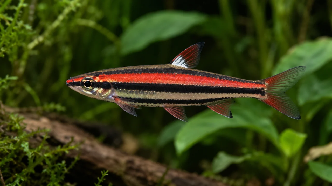 Coral Red Pencilfish showing its identifying shape and markings in a suitable aquarium setting.