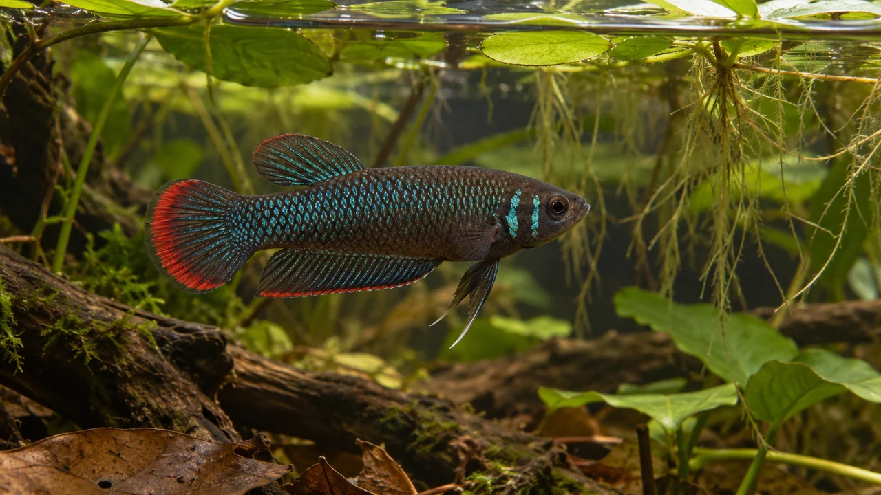 One Crescent Betta in a planted aquarium with floating roots, broad leaves and open surface access.