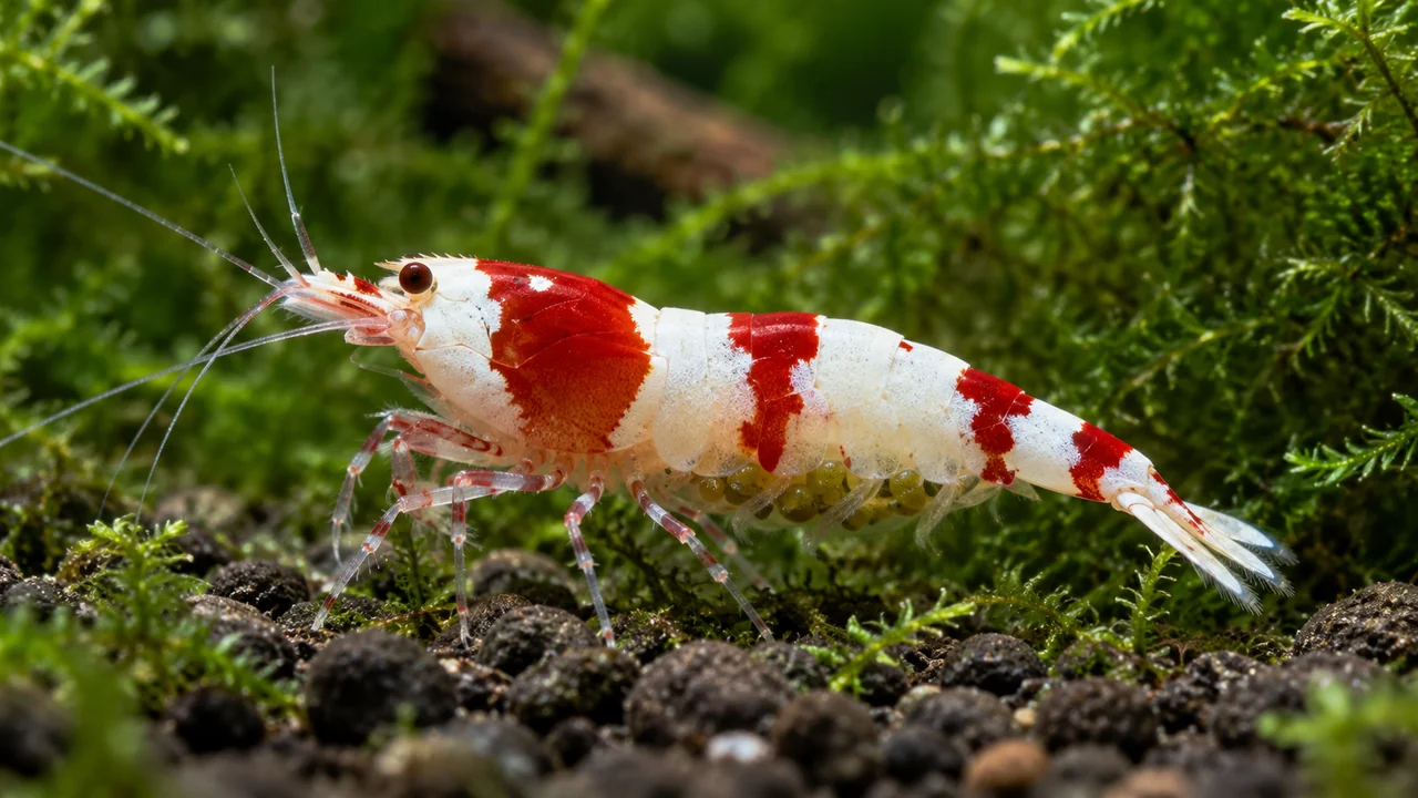 Red-and-white Crystal Bee female carrying small eggs beneath the abdomen among the swimmerets.