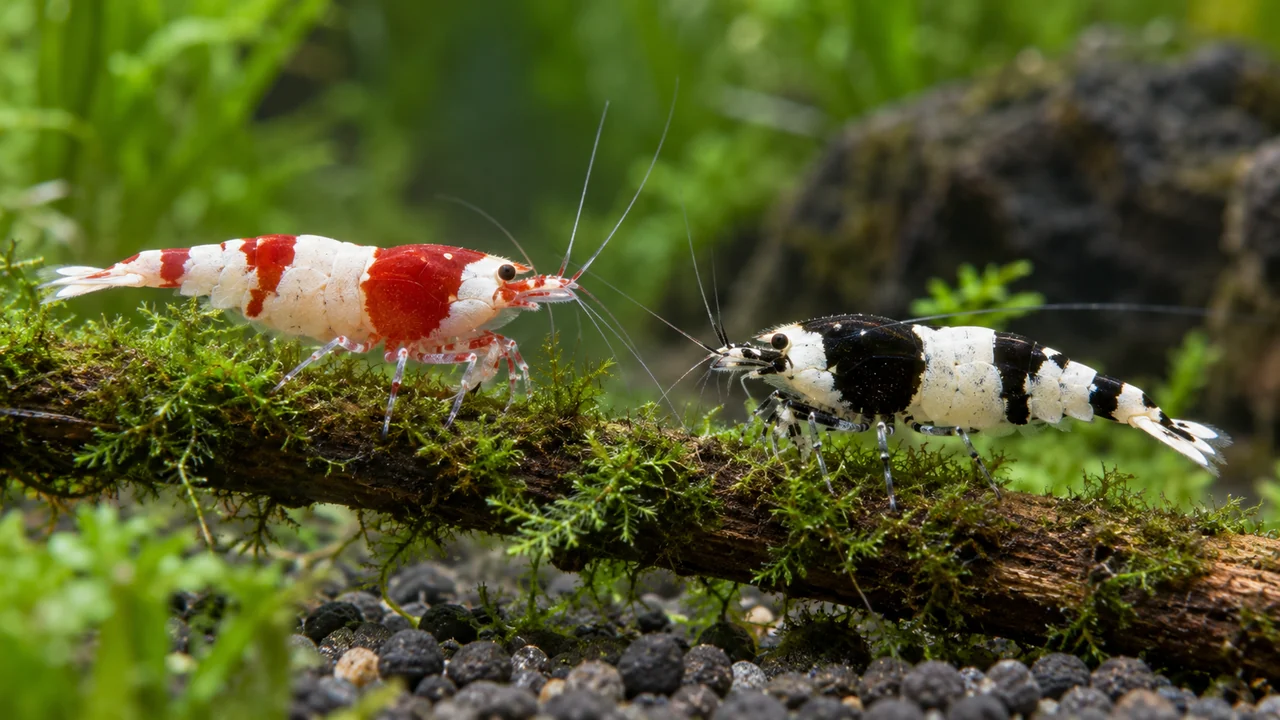 Crystal Red & Crystal Black Bee Shrimp showing its identifying shape and markings in a suitable aquarium setting.