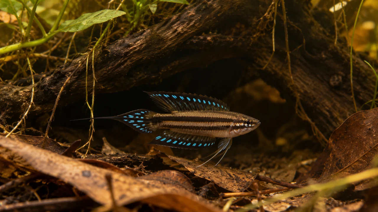 A small male Deissner’s Licorice Gourami beside an open cave beneath a shaded root.