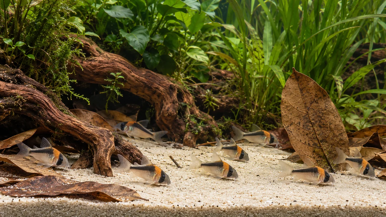 A group of duplicate corys in a sand-floor aquarium with low roots, leaf margins and clear foraging patches.