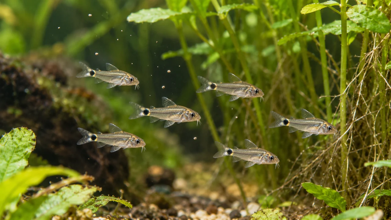 Translucent dwarf corys with diamond-shaped tail-base marks picking tiny food particles in open water.