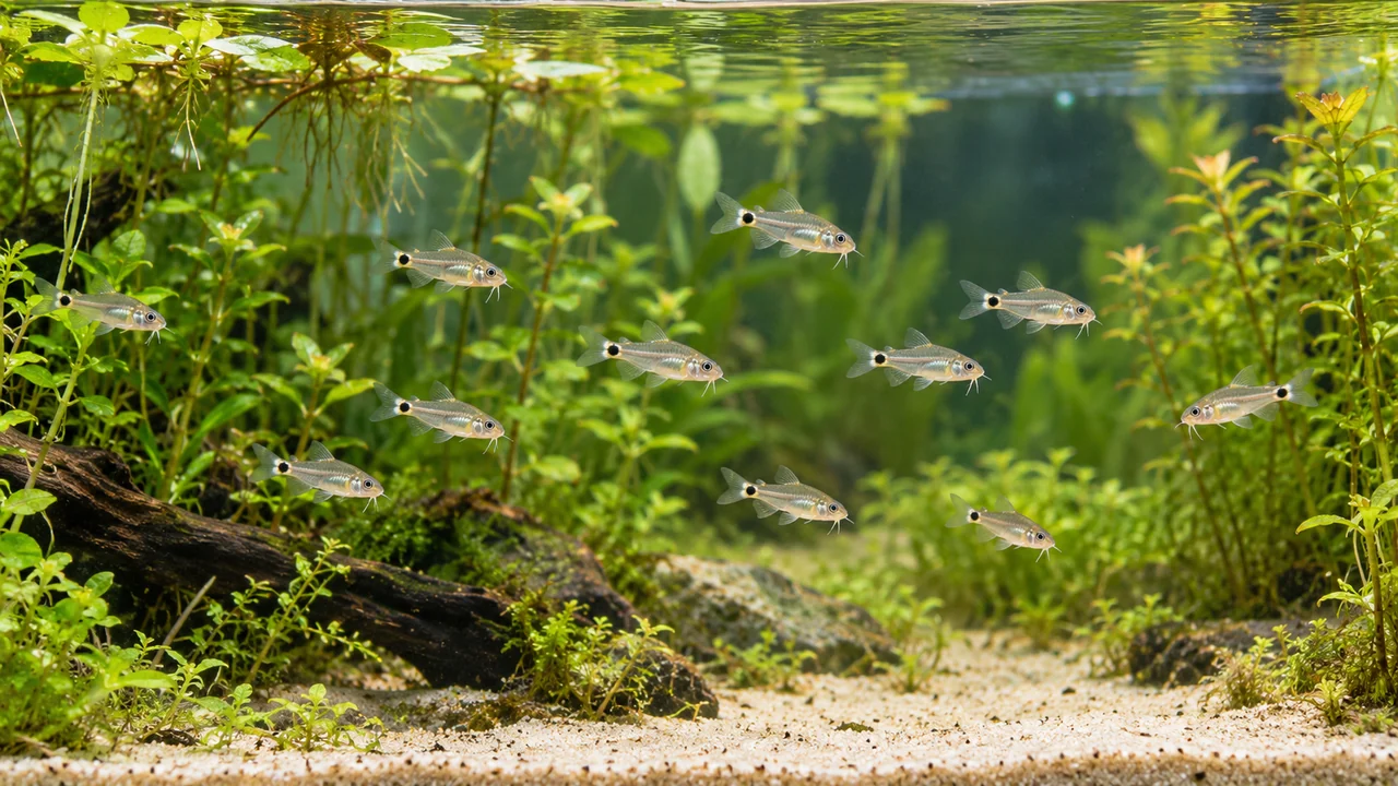 A loose dwarf-cory shoal in open water between plants and roots, showing pale-edged dark tail-base marks.