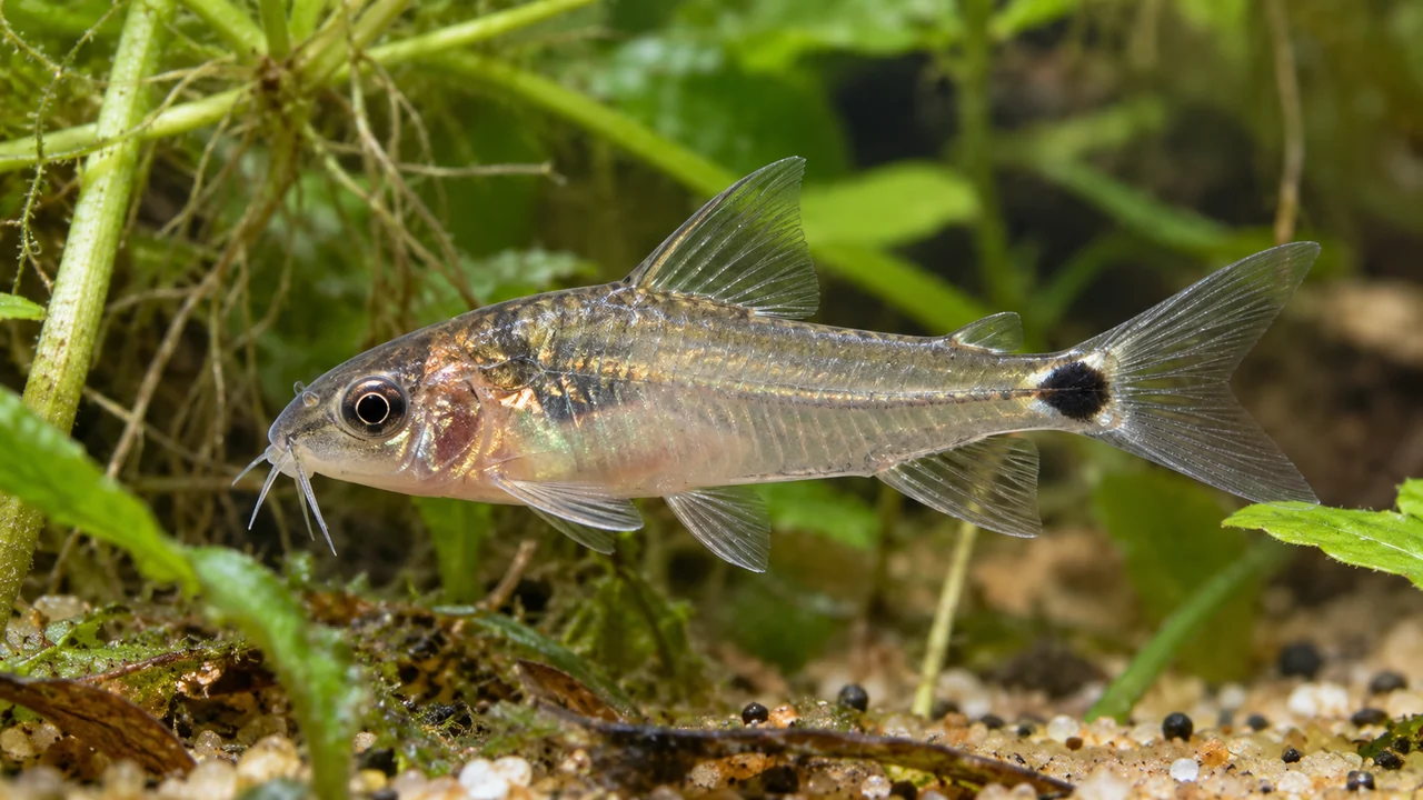 Dwarf Cory showing its identifying shape and markings in a suitable aquarium setting.