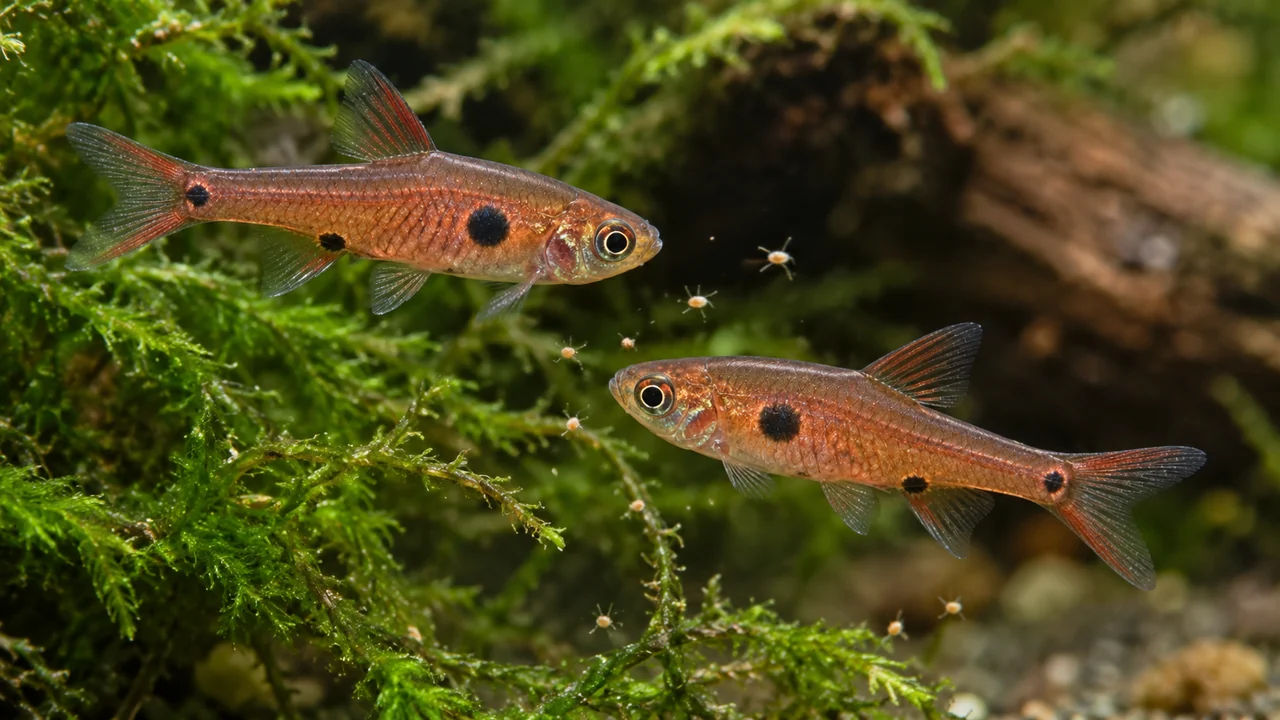 Two Dwarf Rasboras approaching tiny food, with separate dark flank, anal-base and tail-base markings.