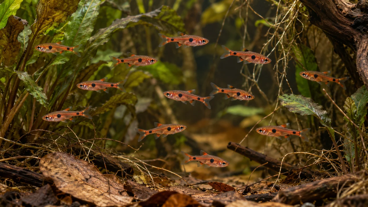 A spotted Dwarf Rasbora group among plants and fine wood, with open midwater above scattered leaves.