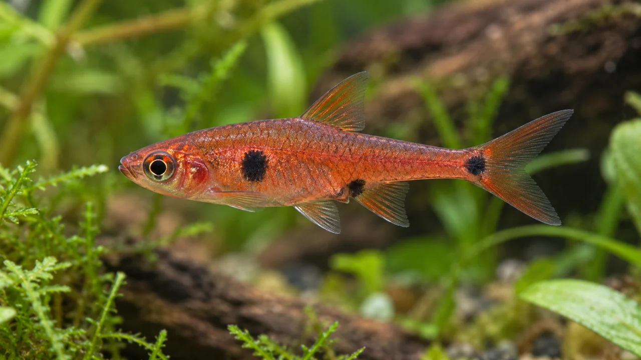 Dwarf Rasbora showing its identifying shape and markings in a suitable aquarium setting.