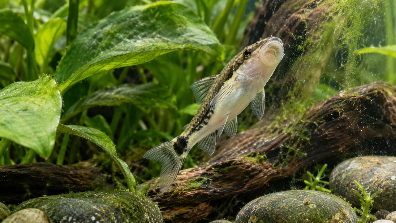 Otocinclus macrospilus viewed through aquarium glass, showing its small ventral suckermouth and grazing posture.