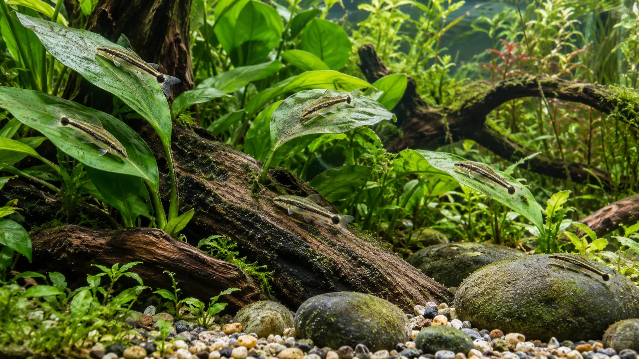 Six small Otocinclus grazing broad leaves, wood and stones in a well-planted aquarium.