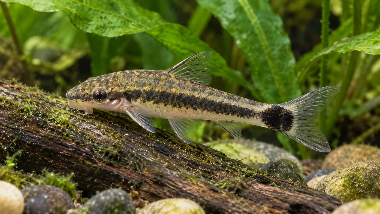 Dwarf Suckermouth Catfish showing its identifying shape and markings in a suitable aquarium setting.