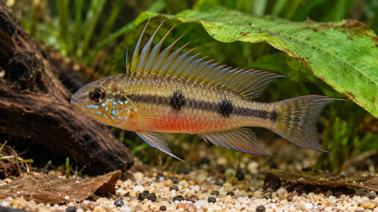 Male Apistogramma elizabethae with extended dorsal rays, dark lateral markings and blue facial spots beside leaves.