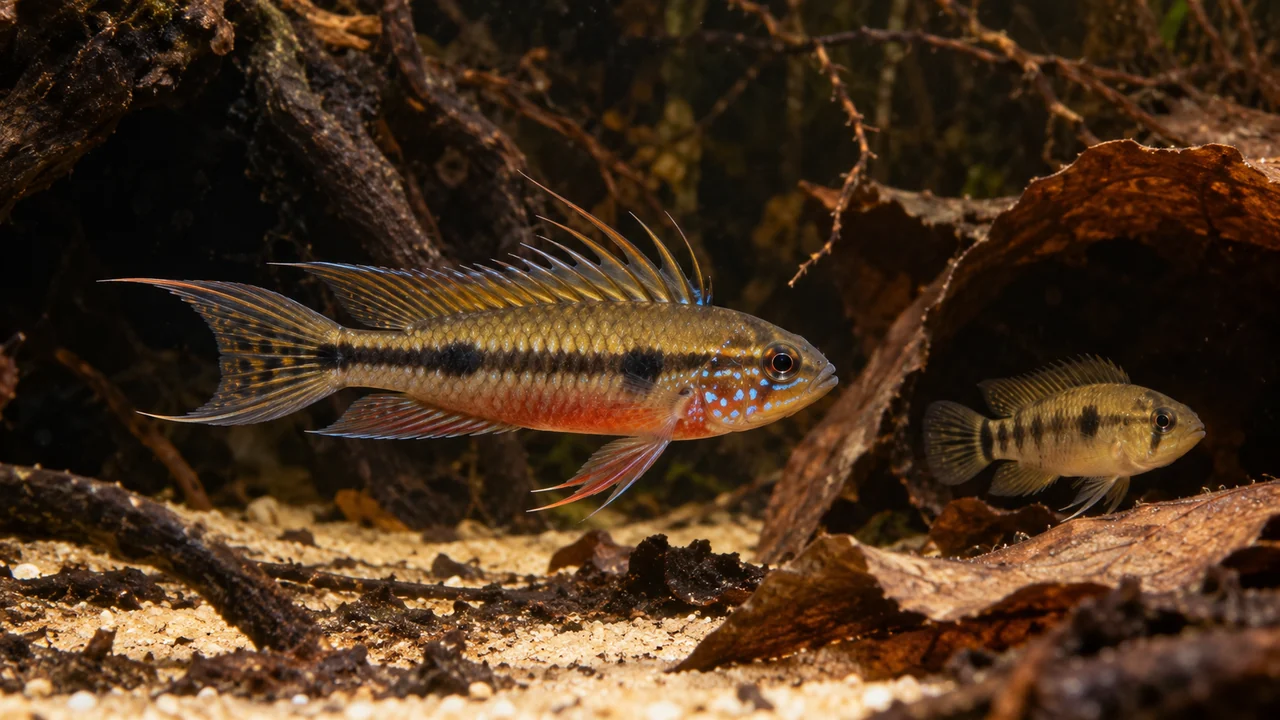 Male and smaller female Elizabeth’s Dwarf Cichlid at separated root-and-leaf shelters over fine sand.