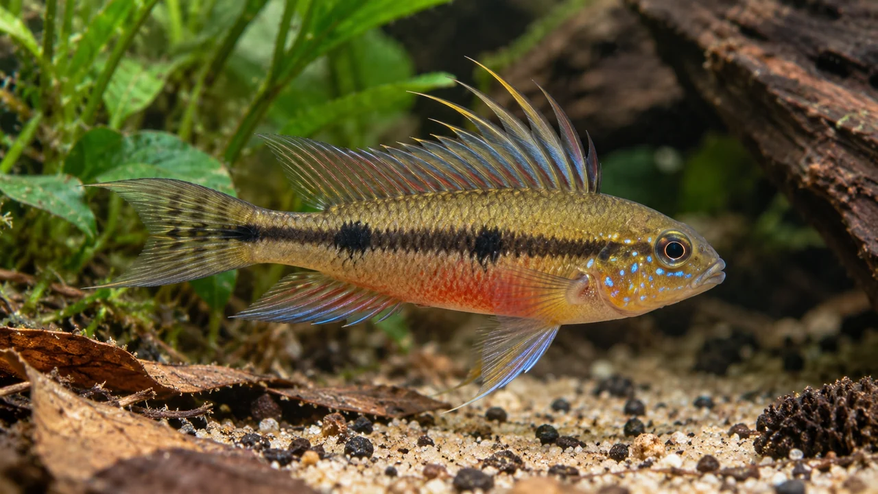Elizabeth’s Dwarf Cichlid showing its identifying shape and markings in a suitable aquarium setting.