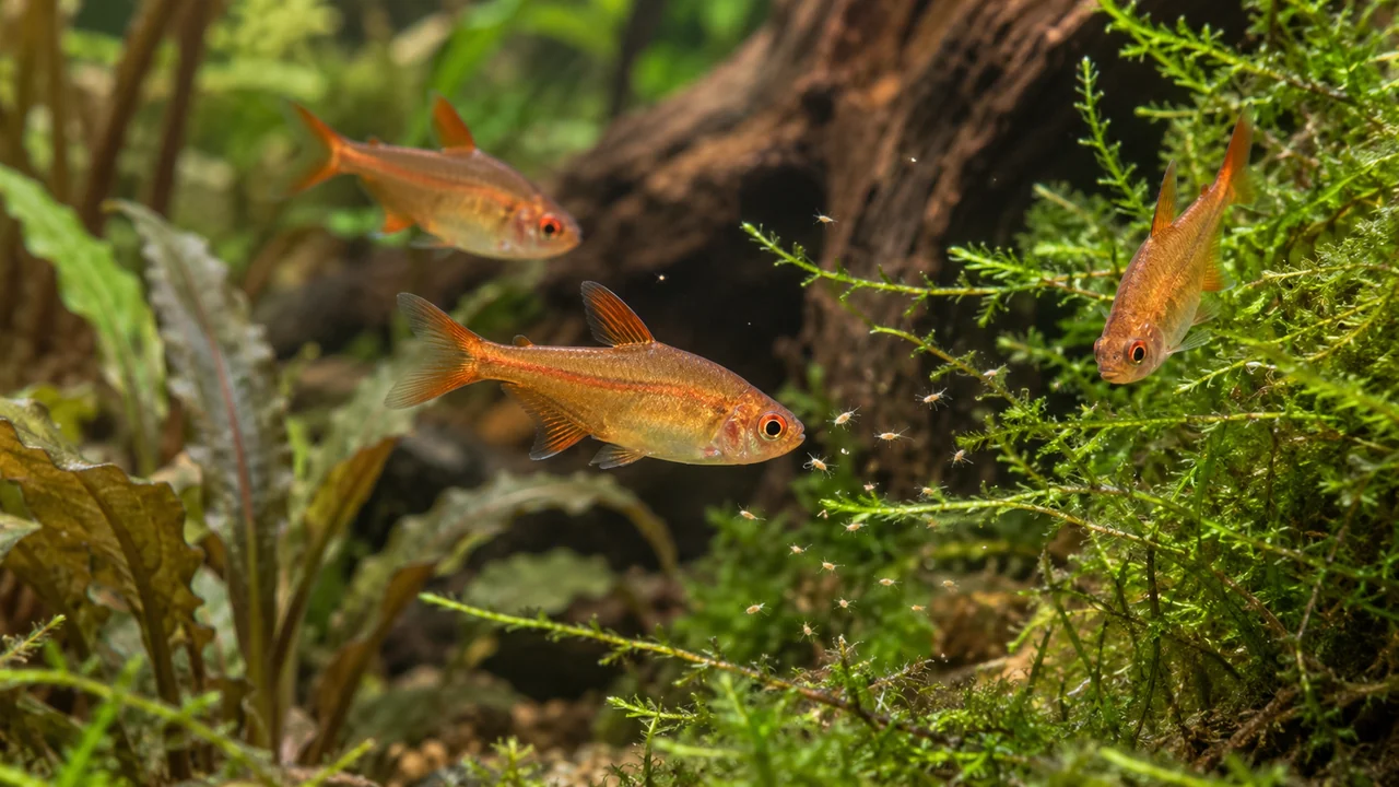 Three copper-orange ember tetras taking tiny suspended food beside moss and planting.