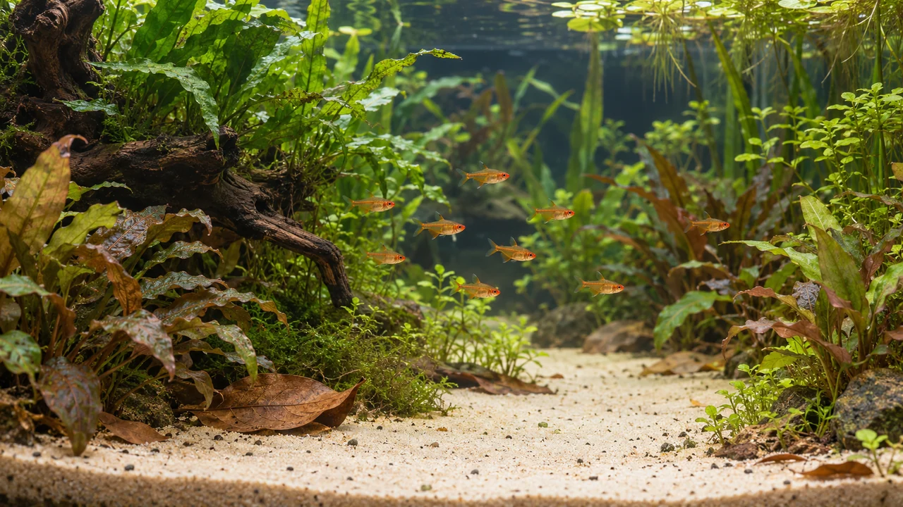 Tiny ember tetras hovering between planted banks above a clear sand feeding area and a few leaves.