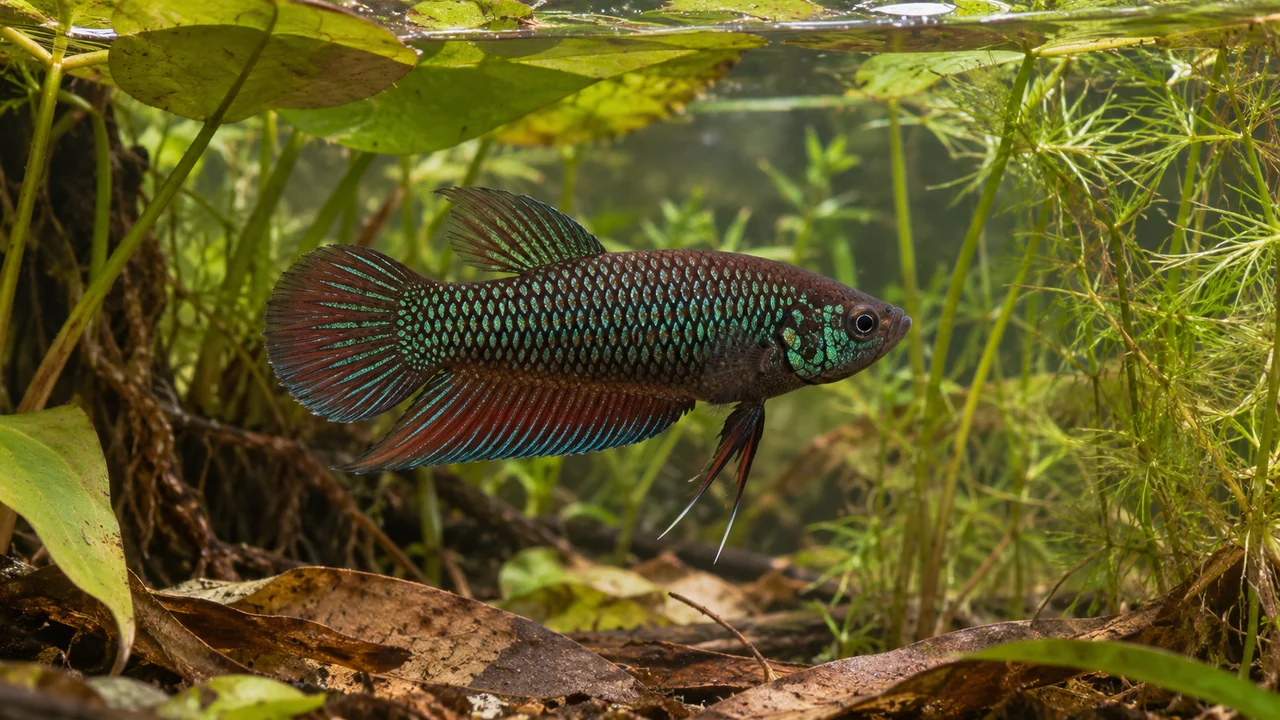 One Emerald Betta among broad leaves and aquatic stems in a shallow planted aquarium with open surface gaps.