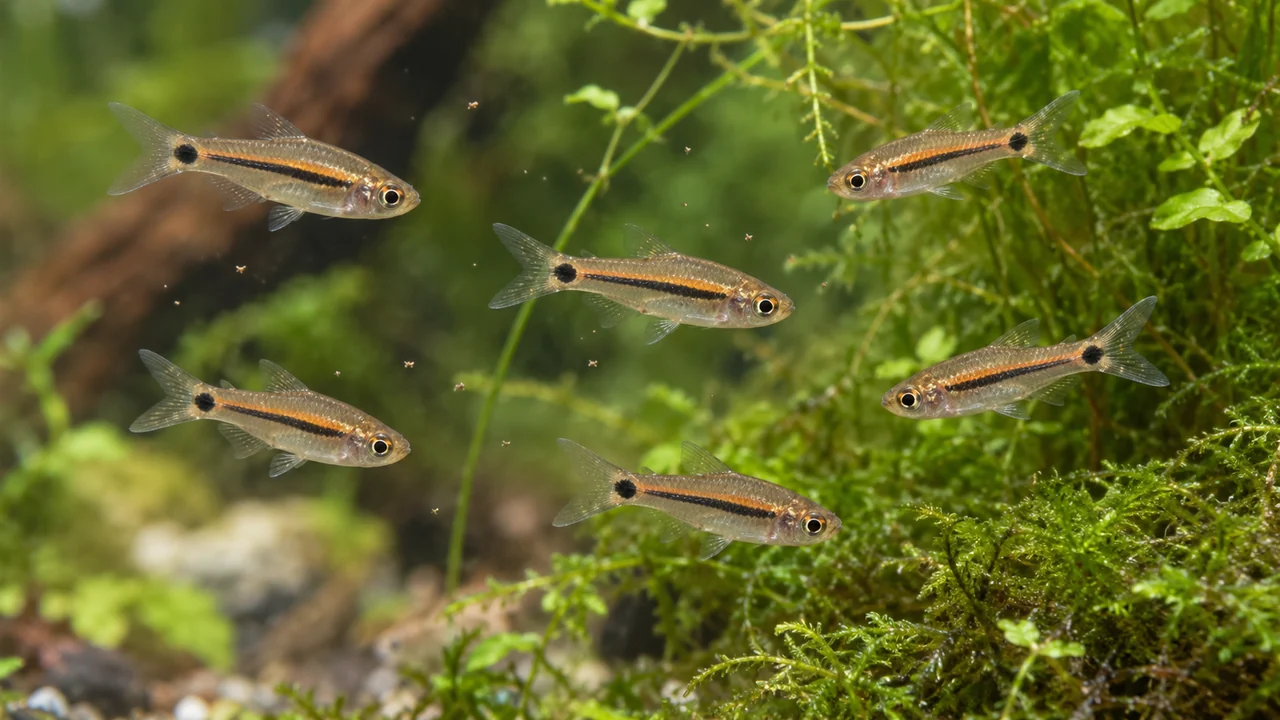 Small Exclamation-Point Rasboras feeding at a plant edge, with dark stripes and separate tail-base dots.