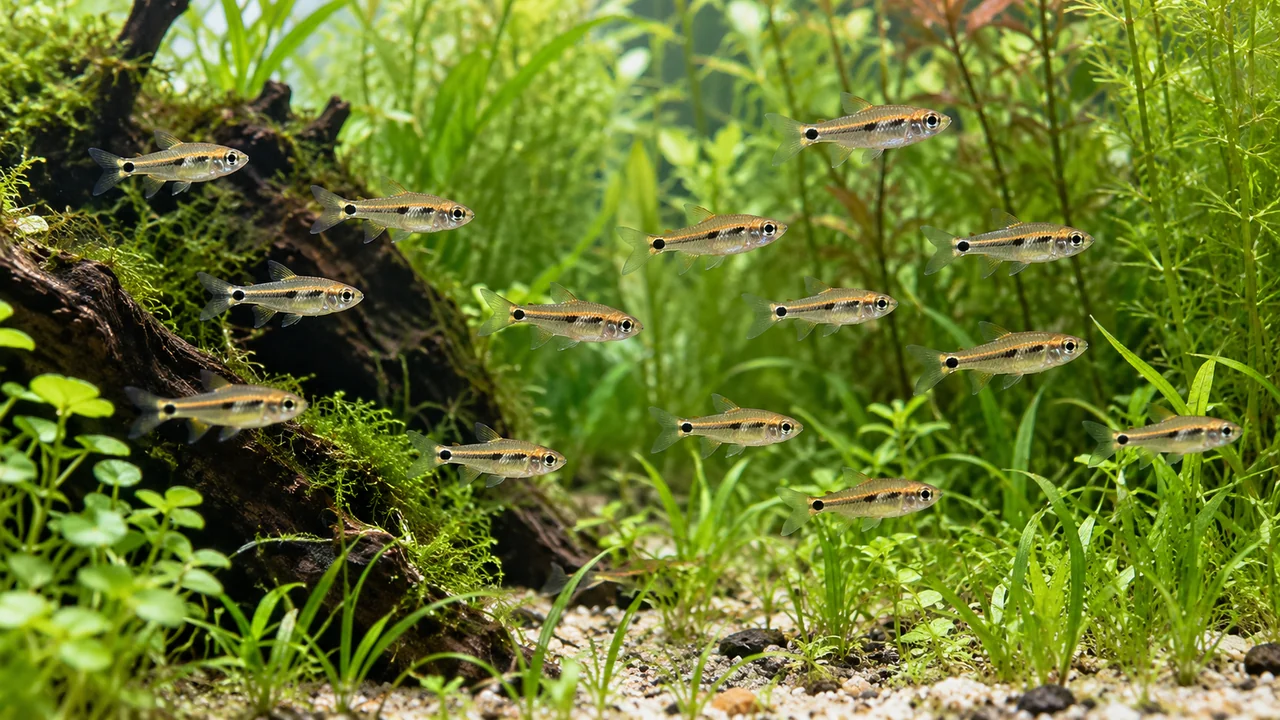 Pale Exclamation-Point Rasboras in clear planted water with fine vegetation and small open channels.