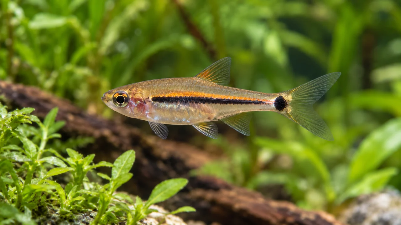 Exclamation-Point Rasbora showing its identifying shape and markings in a suitable aquarium setting.
