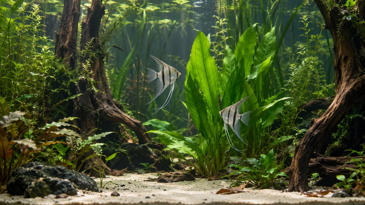 Two natural silver freshwater angelfish beside an upright broad leaf, with long fins clear of the substrate.
