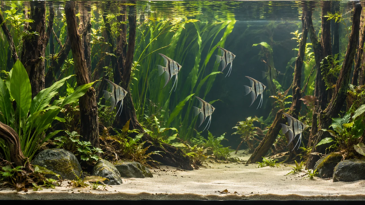 Silver freshwater angelfish spaced through a tall planted aquarium with vertical wood and open turning lanes.