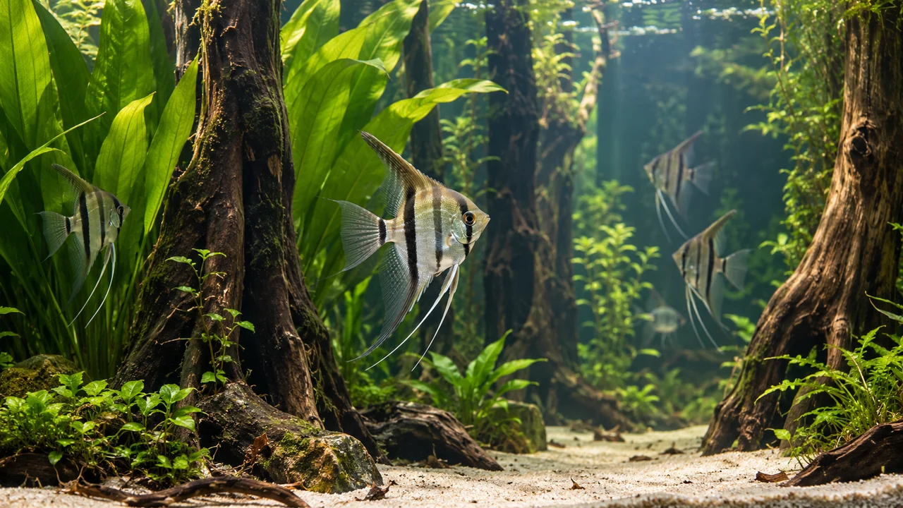 Freshwater Angelfish showing its identifying shape and markings in a suitable aquarium setting.
