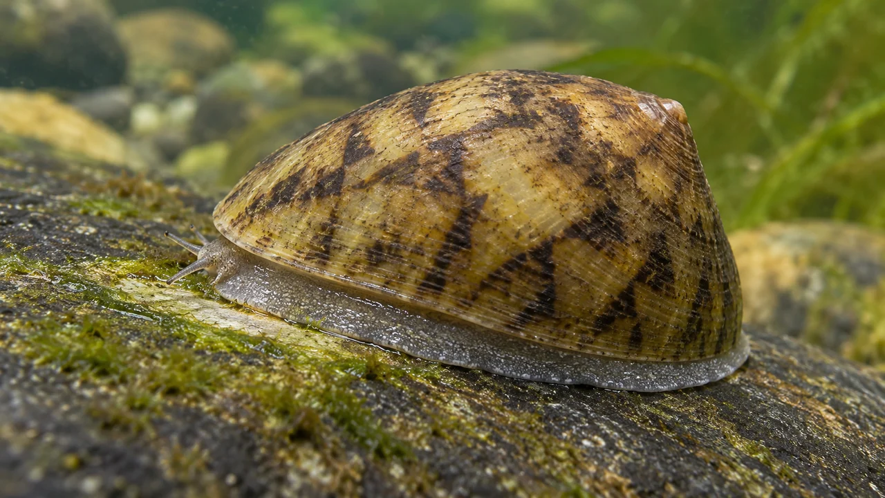 A Septaria limpet holding its broad foot flush to a stone beneath the edge of its cap-shaped shell.