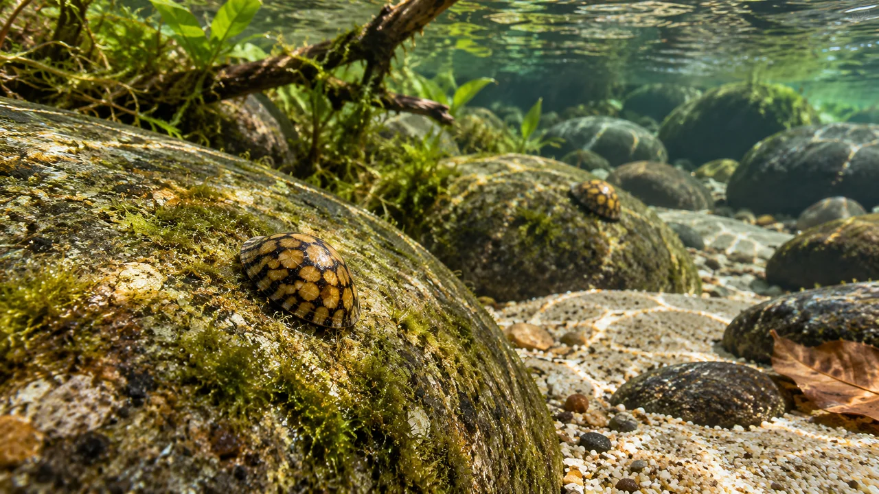 Small cap-shaped Septaria attached to broad grazing stones in a clear well-oxygenated river-style aquarium.