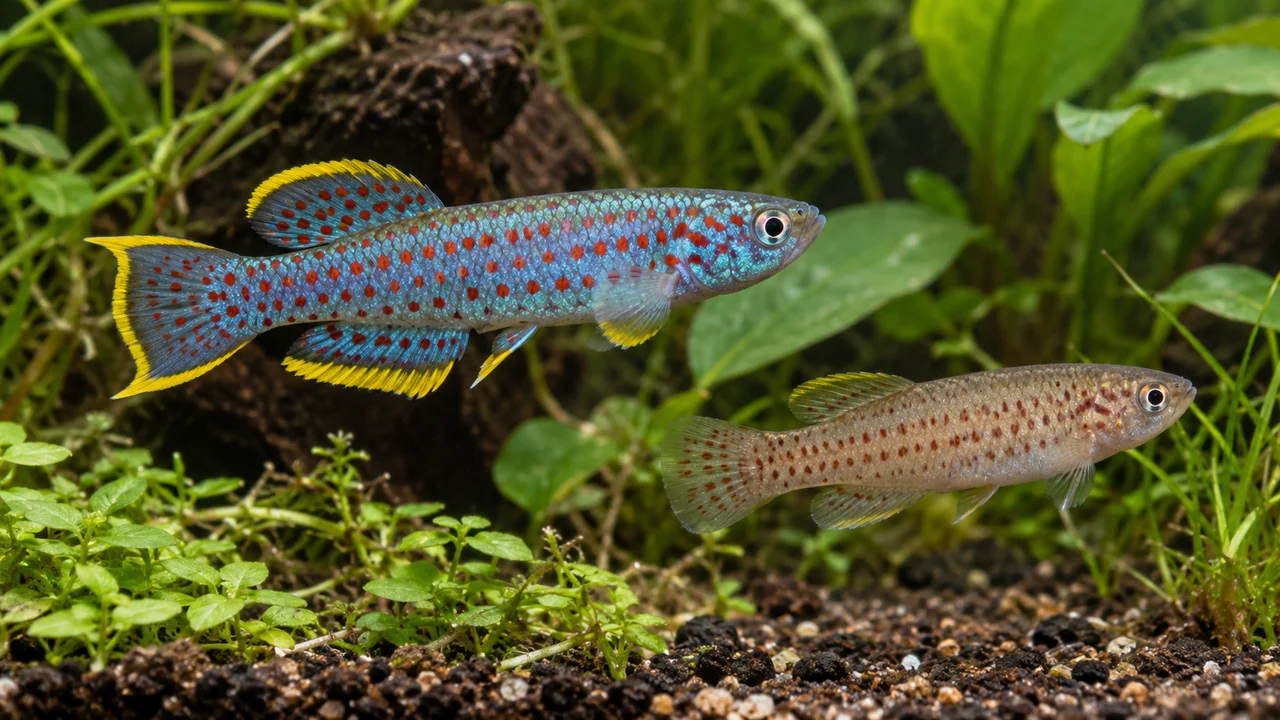 A steel-blue spotted male Gardner’s Killifish beside a smaller plain speckled female among fine plants.