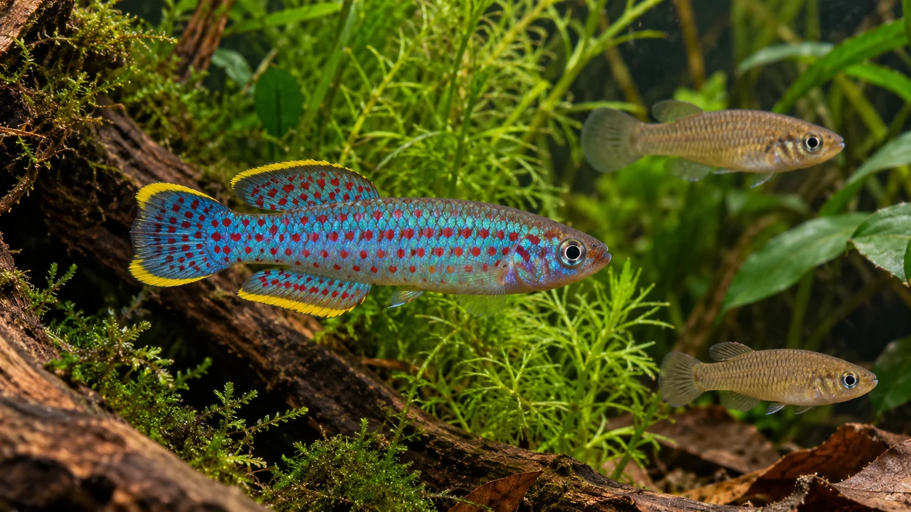 One blue spotted male and two quieter females at separate plant and root edges.