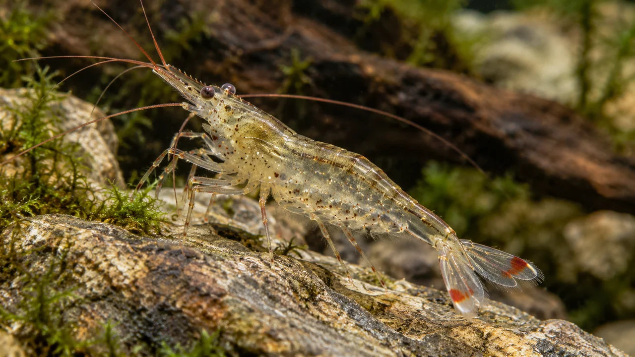 Transparent Caridina ensifera viewed obliquely with two red patches on its gently spread tail fan.